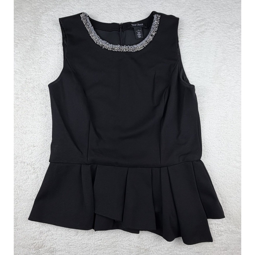 White House Black Market Womens Top Size 8 Black Beaded Neckline Stretch Blouse